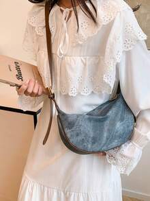 حقيبة جلدية للنساء على شكل كعكة, حقيبة كتف جلد اصطناعي بلون أحادي, قابلة للتعديل للتنقل اليومي - الأزرق - مشاهدة 3