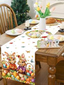 1 pieza Conejito colorido, huevo, mariposa Patrón de 35*180cm Camino de mesa de estilo granja de poliéster para Pascua, decoración alegre del hogar para Pascua, decoración de mesa de comedor para las vacaciones de primavera 2026 - Multicolor - Ver 6