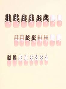 Upgrade Your Look With Y2K Style! Instantly Upgrade Your Look With 24 Medium-Sized Fake Nails, Featuring A Gentle And Elegant Rococo-Style Wide-Edged French Manicure In Brown, A White Polka Dot Pattern With Lace Trim Design, And A Fashionable Retro Khaki And White Contrasting Plaid Pattern With A Cute Bow White Dot Design. - Multicolor - View 3