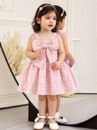 Baby GirlElegant Floral Print Dress With Cute Bow Decor, Party Dress
