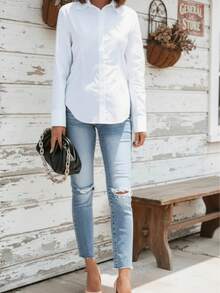 Plus Size Women's Solid Color Minimalist Slimming Single-Breasted Shirt White Spring - White - View 4