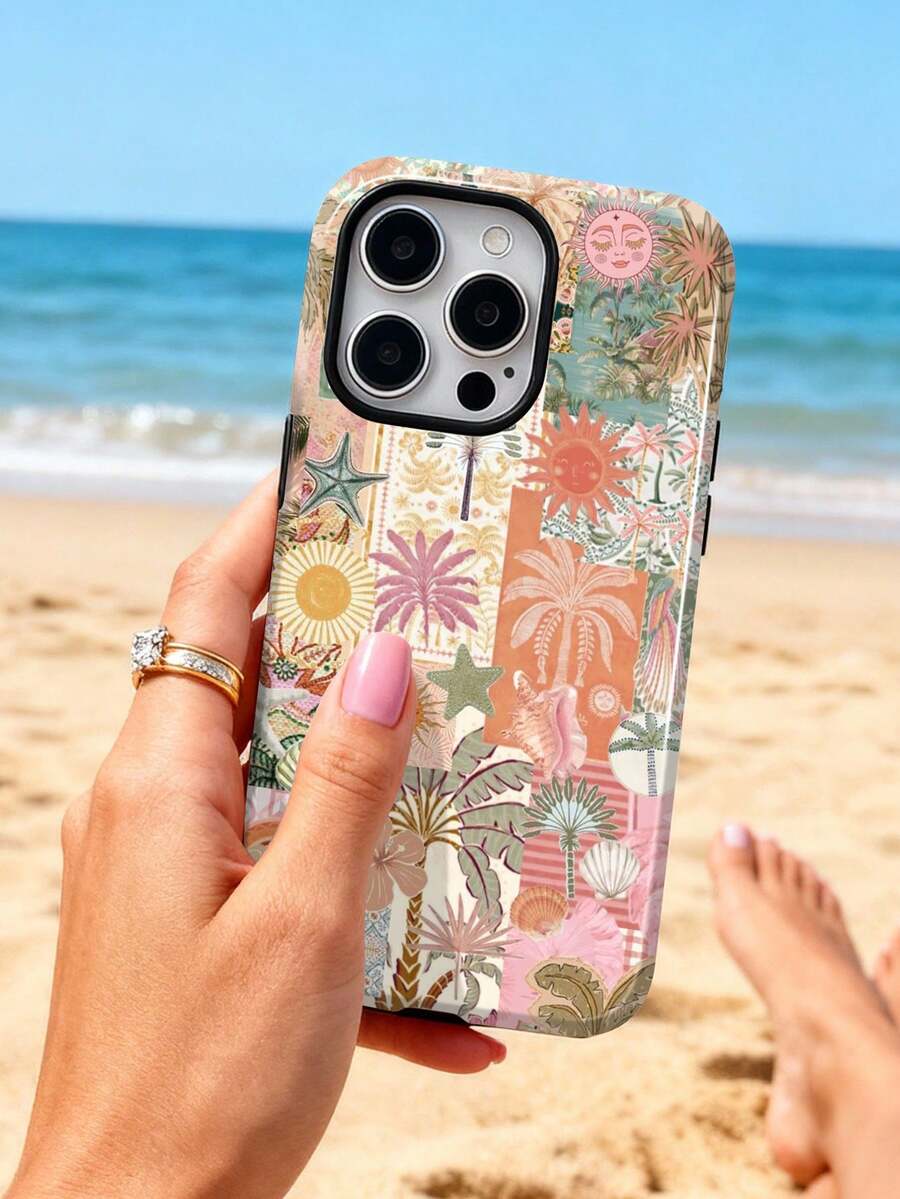 1pc Retro Summer Patchwork Palm Tree, Starfish, Shell Pattern Glossy 2-In-1 Filmstrip Phone Hard Case Compatible With Samsung/Compatible With IPhone 11/12/13/14/15/16/17 Pro Max - Multicolor - View 1