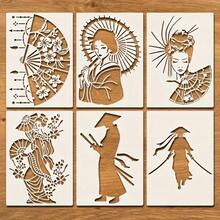 6 khuôn mẫu họa tiết nghệ sĩ và samurai kiểu Nhật Bản - Khuôn tô tự làm có thể tái sử dụng với các họa tiết hoa văn tinh xảo và truyền thống, dùng cho tranh tường, vải dệt, tranh vẽ trên vải bố và trang trí nhà cửa, chất liệu polyester, khuôn mẫu thủ công tự làm | Thiết kế truyền thống Nhật Bản | Khuôn tô có thể tái sử dụng, khuôn mẫu thủ công - 6 mẫu nghệ sĩ giải trí và samurai kiểu Nhật Bản - Xem 1