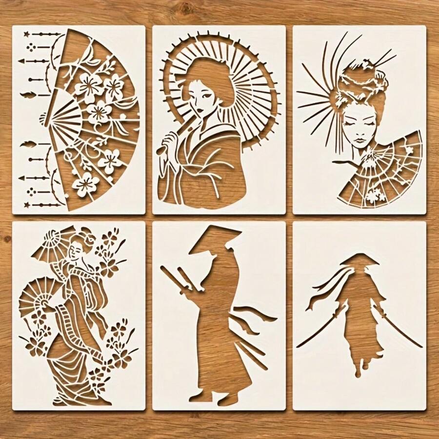 6 khuôn mẫu họa tiết nghệ sĩ và samurai kiểu Nhật Bản - Khuôn tô tự làm có thể tái sử dụng với các họa tiết hoa văn tinh xảo và truyền thống, dùng cho tranh tường, vải dệt, tranh vẽ trên vải bố và trang trí nhà cửa, chất liệu polyester, khuôn mẫu thủ công tự làm | Thiết kế truyền thống Nhật Bản | Khuôn tô có thể tái sử dụng, khuôn mẫu thủ công - 6 mẫu nghệ sĩ giải trí và samurai kiểu Nhật Bản - Xem 1