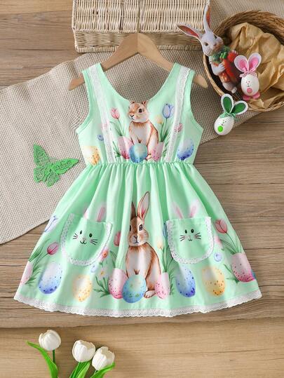 1 pieza Vestido sin mangas de tela tejida suave y cómoda con estampado de conejito de Pascua, huevo y flor, con bolsillos y dobladillo con volantes, adecuado para uso al aire libre, primavera/verano