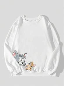 Men's Casual Tom & Jerry Letter Print Graphic Crew Neck Long Sleeve Sweatshirt, Spring/Autumn - White - View 2