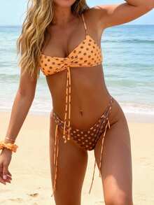 Women 2 Piece Bikini Set Dot Print V Neck Spaghetti Strap Tops And Thongs Casual Bathing Suits For Beach Pool - 黃色 - 查看 1