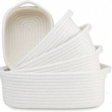Oaoleer 5-Piece Rectangle Storage Basket Set- Natural Cotton Rope Woven For Organizing! Small Basket For Montessori, Baby Nursery, Dog Toy Baskets, Cat Toy Box, Bathroom Organization Bin - 白色 - 查看 12