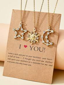 3pcs Silver Stainless Steel Star, Sun And Moon Design Friendship Necklace Set, Suitable For Women Daily Wear Or As A Vacation Or Back To School Gift - Yellow Gold - View 6