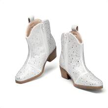 Girls Cowgirl Cowboy Rhinestone Boots Ankle Low Heel Dress Booties - Đen và trắng - Xem 7