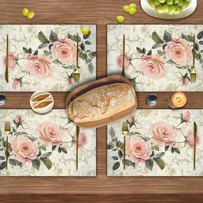1/4/6pcs Elegant Pink Roses Shabby Chic Placemats - Vintage Floral Table Mats With Soft Pink Roses & Green Foliage On, Rectangular Linen Kitchen & Dining Table Decor For Holiday Parties, Everyday Use, Hand Wash Only, Durable & Easy-Care Elegant Table Se