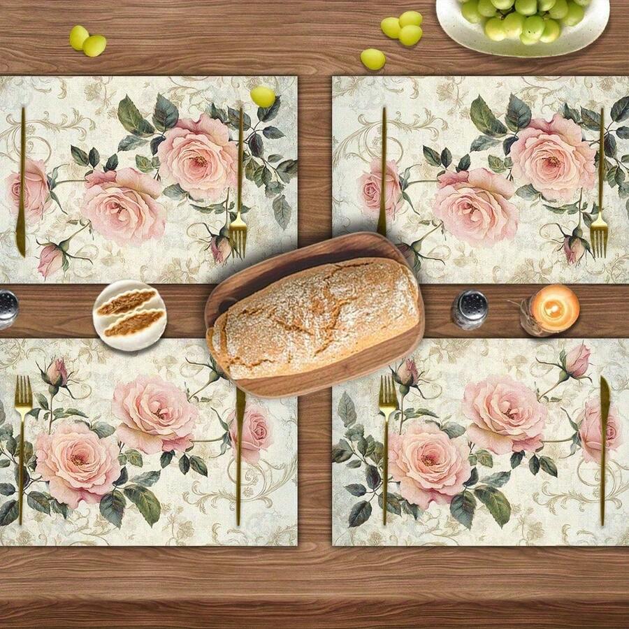 1/4/6pcs Elegant Pink Roses Shabby Chic Placemats - Vintage Floral Table Mats With Soft Pink Roses & Green Foliage On, Rectangular Linen Kitchen & Dining Table Decor For Holiday Parties, Everyday Use, Hand Wash Only, Durable & Easy-Care Elegant Table Se - 12x18inch - View 1