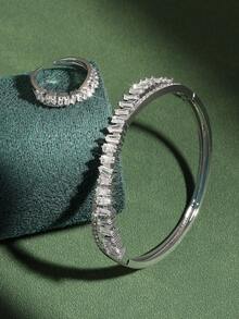 rakol 2pcs Fashionable Cubic Zirconia Asymmetrical Decor Ring & Bracelet Set - Silver - View 2