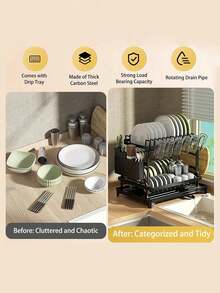 Double-Layer Kitchen Dish Rack | Integrated Sink Design + Quick Draining + Automatic Drainage, Complete Utensil Storage System. Suitable For Plates / Cups / Various Tableware. Saves Countertop Space And Is Suitable For Small Apartments / Studios. Available All Year Round. Integrated Storage Solves The Problem Of Draining. Essential In The Kitchen. Minimalist Design, Saves Space. - 黑色 - 查看 7