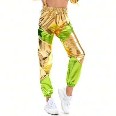 COS Women's Color Block Long Pants, Wide Leg Patent Leather Pants With Gold Embossed Detailing, Long Pants For Stage Performance, Ladies' Long Pants