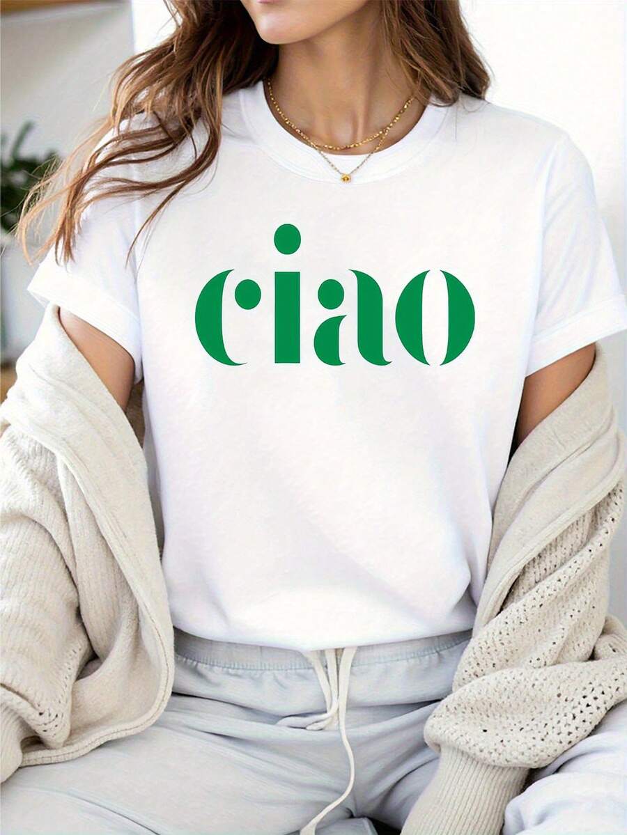 Camiseta Italiana Ciao con Estampado, Manga Corta para Mujer - Primavera/Verano, Cuello Redondo Casual, Ideal para Salidas Diarias y Reuniones Informales - Púrpura polvoriento - Ver 1