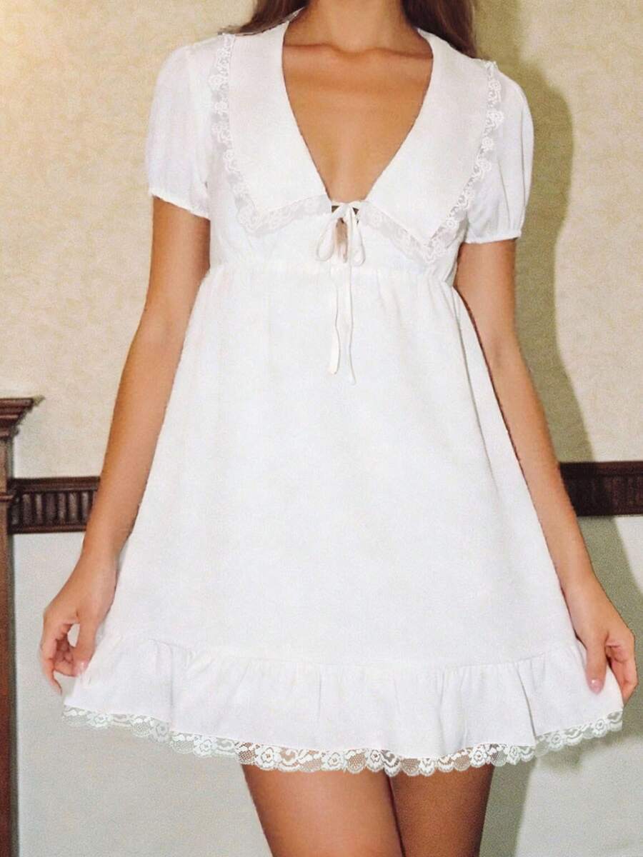 Women's Babydoll Mini Dress Short Sleeve V Neck Ruffle Hem Dress Spring Summer Short Dress - White - View 1
