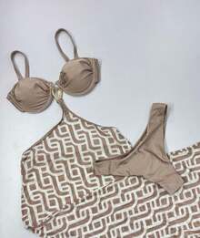 Women's 3-Piece Bikini Set With Long Tulle Beach Cover-Up | High-Cut Leg | Removable Padding - Beige - View 1