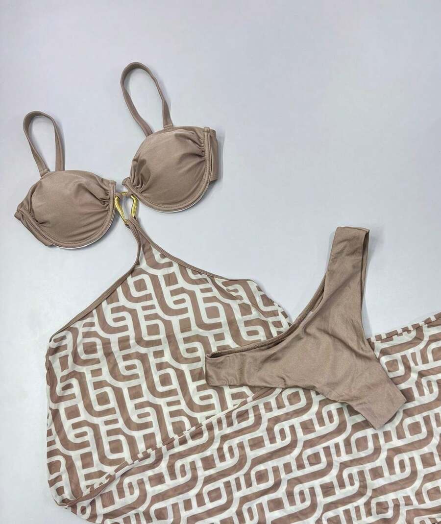 Women's 3-Piece Bikini Set With Long Tulle Beach Cover-Up | High-Cut Leg | Removable Padding - Beige - View 1