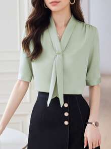 V-Neck Tie Blouse For Women, Fashion High-End Versatile Solid Color Elegant Professional Commuter Design Shirt - Green - View 1