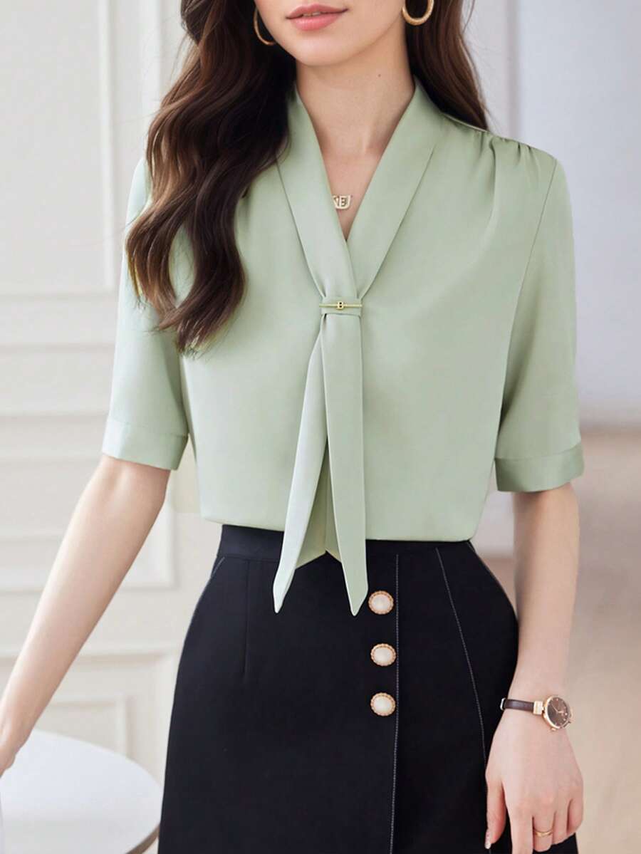V-Neck Tie Blouse For Women, Fashion High-End Versatile Solid Color Elegant Professional Commuter Design Shirt - Green - View 1