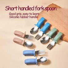 2pcs/Set Baby Stainless Steel & Silicone Spoon And Fork Set, Toddler Feeding Training Utensils - Multicolor - View 1