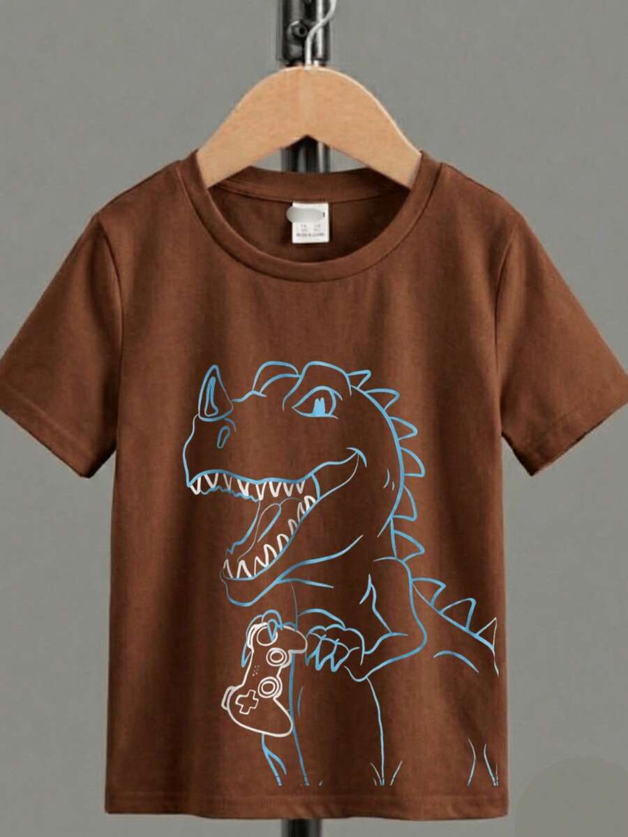 Camiseta Infantil Barata Dinossauro Confortável Algodão - Marrom - Visão 1