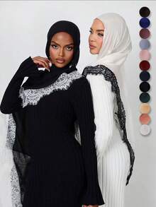 1pc Soft & Breathable Lace Hijab Scarf, Comfortable Viscose Material, Suitable For Muslim Women Everyday Wear - Lace Headscarf - View 8