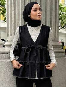 Livesso 女士休闲水洗牛仔无袖外套 - 藍色 - 查看 2