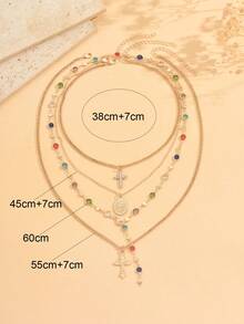 Set de 4 collares elegantes y de moda con colgante de cruz de cristal, diseño de nicho multicapa, adecuado para uso diario, viajes, fiestas, festivales de música, con arreglo de cristales de color aleatorio - Multicolor - Ver 4