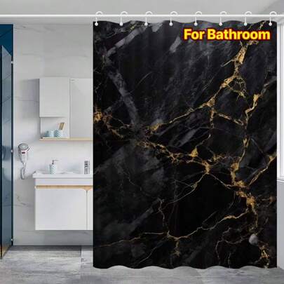 优雅黑色大理石纹理浴帘 - 防水，含挂钩，可机洗涤纶浴室装饰