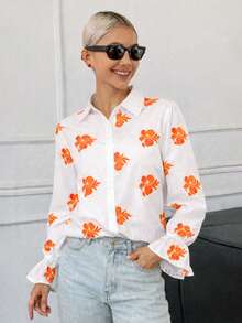 Camisa casual para mujer bordada con flores y manga acampanada de moda - Naranja - Ver 1