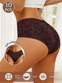 MEIYATING 10pcs/Pack Women's Low Waist Seamless Panties, Heart & Stripe Pattern, English Waistband, Comfortable Soft Texture, Fashionable Everyday Wear Triangle Underwear - Multicolor - View 3