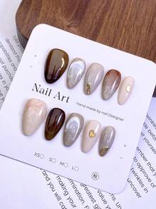 10片短椭圆形假指甲，酷炫黑银灰渐变闪粉，精致水钻点缀，3D纹理和冰裂纹设计，前卫高端风格，100%纯手工制作，按压式亚克力指甲，可重复使用，美甲用品套装包含1片果冻胶、1根胶棒和1把指甲锉，适合女性日常或派对佩戴。 - 彩色 - 查看 12