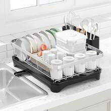 304 Stainless Steel Dish Drying Rack With Drain Board, Automatic Draining And Drying Rack For Kitchen Countertops, Large Capacity Dish Drainer, Suitable For Bowls, Cups, And Dishes. - màu đen - Xem 9