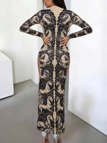 DOUCIU Fashionable Horse Print Long Sleeve Robe High Neck Long Style Women's Top Side Split Casual Street - Khaki - View 3