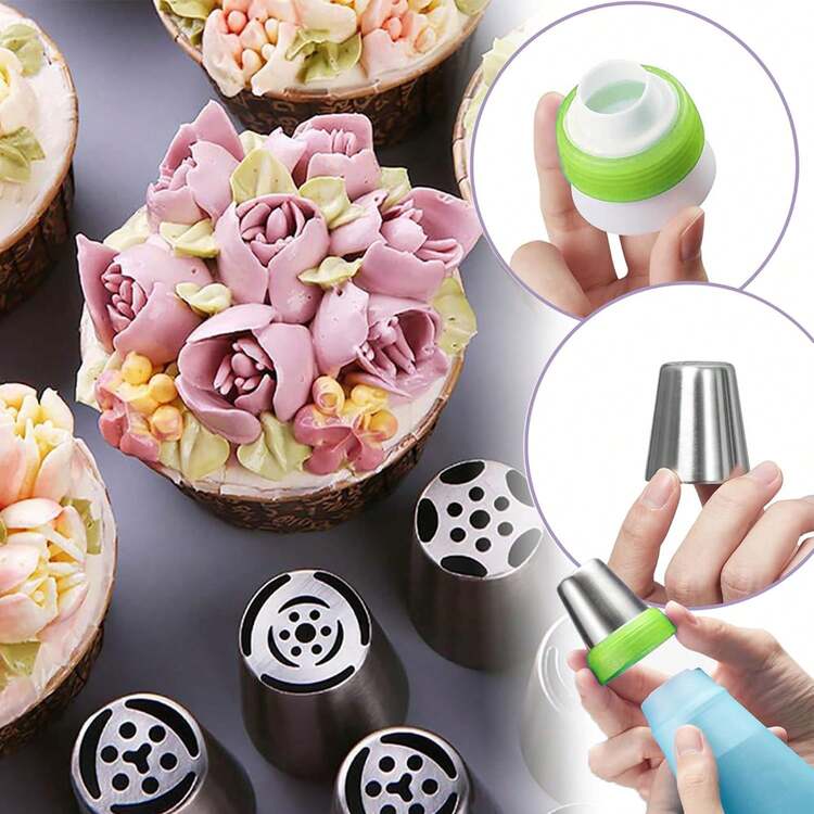 特大号俄罗斯裱花嘴，不锈钢花形奶油裱花嘴，适用于蛋糕装饰 - 可裱出玫瑰、郁金香和棉花糖形状的奶油，烘焙甜点装饰工具，奶油裱花 - 彩色 - 查看 3