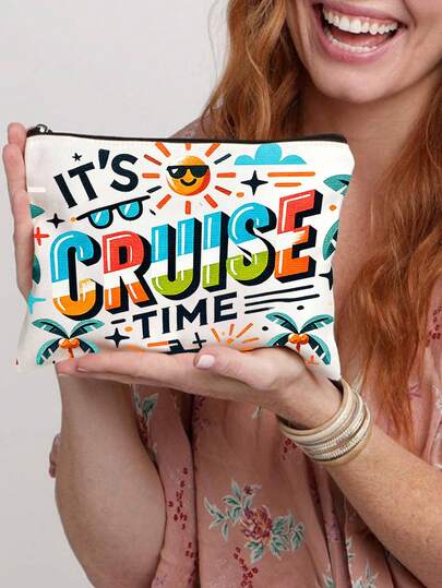 CRUISE TIME Cruise-Themed Cosmetic Bag | Ideal For Travel And Daily Use, Multicolor, Foldable, Lightweight, Zipper Closure With Top Single Handle Strap