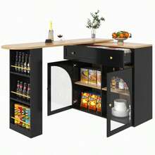 Extendable Bar Table With Storage (138-204*39*104cm), 360° Swivel Bar Table, Modern Mobile Bar Table, High Kitchen/Bistro Island Table, Sideboard With Shelves And Display Case, Black - Black - View 11