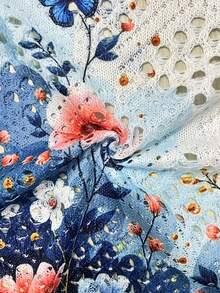 Women's Casual Vacation Floral & Butterfly Print V-Neck Open Knit Top, Spring/Summer/Autumn White - White - View 4