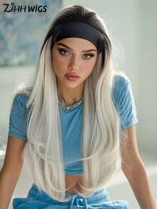 7JHH WIGS Long Straight Blonde Headband Wig For Women Light Blonde Layered Natural Looking Synthetic Heat Resistant Fiber Hair Band Wig For Daily Party Use 26 Inch - 金色 - 查看 2