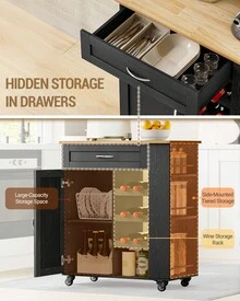 HaluPeit Serving Trolley With 3-Tier Wine Rack, Kitchen Trolley With Wheels, 3-Tier Storage Shelf, Wine Rack, For Kitchen, Living Rooms And Dining Rooms & Outdoor Use, 68 * 86 * 40 Cm - 黑色 - 查看 3