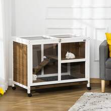 PawHut 2-Tier Wooden Rabbit Hutch With House For Rabbits And Guinea Pigs, Rabbit Cage With Ramp And Removable Tray, 91.5x53.3x73cm, Brown - one-size - View 1