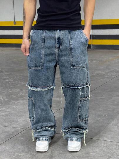 Grunge Goth Y2K Style Fashion Casual Fringe Street Youth College Sports Straight Loose Fit Versatile Casual Men Jeans