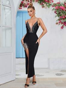 Bandage Dress V Neck  Bodycon Party Midi Club Dresses - Black - View 1