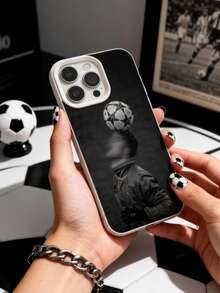 1pc 17/16 Pro Max/15 Plus/14 Pro Passionate Fan Grapefruit Peel Texture Phone Case, INS Style Football Element Print, Full-Body Shockproof, Precise Cutouts - Beige - View 5