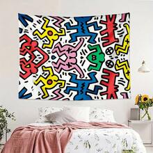 1pc Bedroom Decor Keith Haring Colorful Abstract Figures Pattern Print Tapestry, Decorative Wall Hanging Tapestry For Bedroom, Lotus Spiritual Tapestry, Beach Mat, College Dorm Home Decor Hanging Cloth Gifts Birthday Graduation - 1PC - 查看 3
