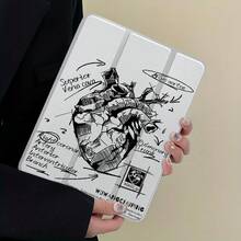 解剖心脏图案 iPad 保护套，自动唤醒/睡眠三折支架，防震，带笔槽，适用于 iPad 10/Air 5/11 M3/Pro 11 - 黑與白 - 查看 1