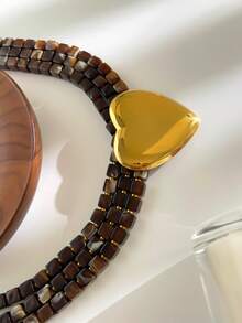 1件不锈钢不对称心形棕色方形串珠多层项链，18K镀金防水时尚百搭女士项链 - 項鍊 - 查看 4