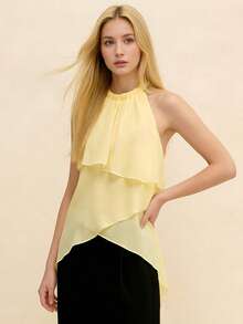 Tops de gasa para mujer, estilo halter, modernos, de verano, asimétricos, con capas y sin espalda, para ropa urbana con estética grunge. - Amarillo claro - Ver 5